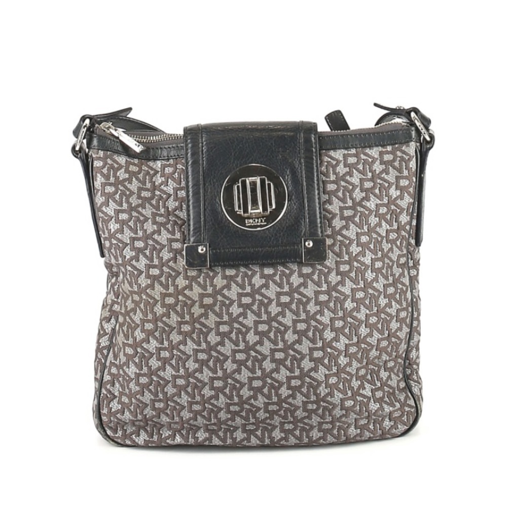 DKNY | Black & Gray Patterned Bag Canvas Leather Crossbody Logo Silver Hardware